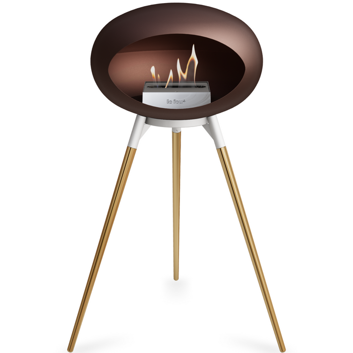 Le Feu Mocca Dome Bioethanol Fireplace ground high white bowl, rose gold legs and steel burner