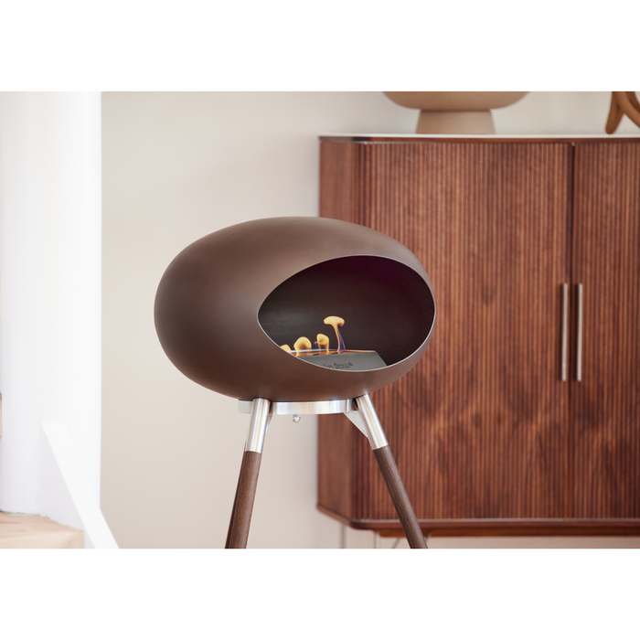 Le Feu Mocca Dome Bioethanol Fireplace ground high polished steel bowl, smoked legs and steel burner indoor lifestyle