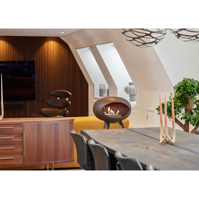 Le Feu Mocca Dome Bioethanol Fireplace ground high black bowl, smoked legs and steel burner indoor with outdoor furniture lifestyle