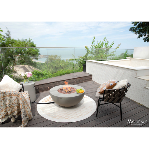 Modeno Roca Fire Table in a patio with tank cover and outdoor furniture lifestyle