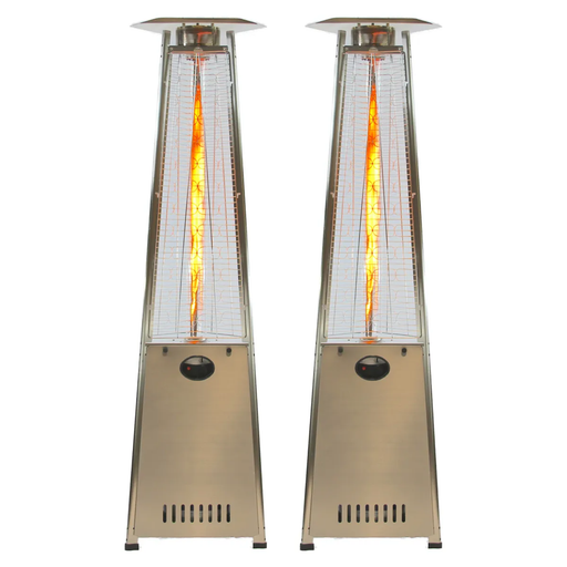 2 large tall outdoor stainless steel propane heater visible fire with 41,000 BTU