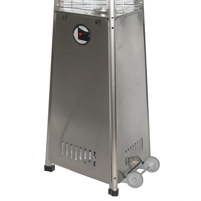 close up of the large tall outdoor stainless steel propane heater with 41,000 BTU