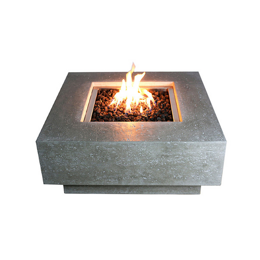 Square concrete fire pit with flames on a white background