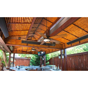 Outdoor bamboo patio with ceiling fans, RADtec infrared heaters, and a full kitchen setup for luxury entertaining