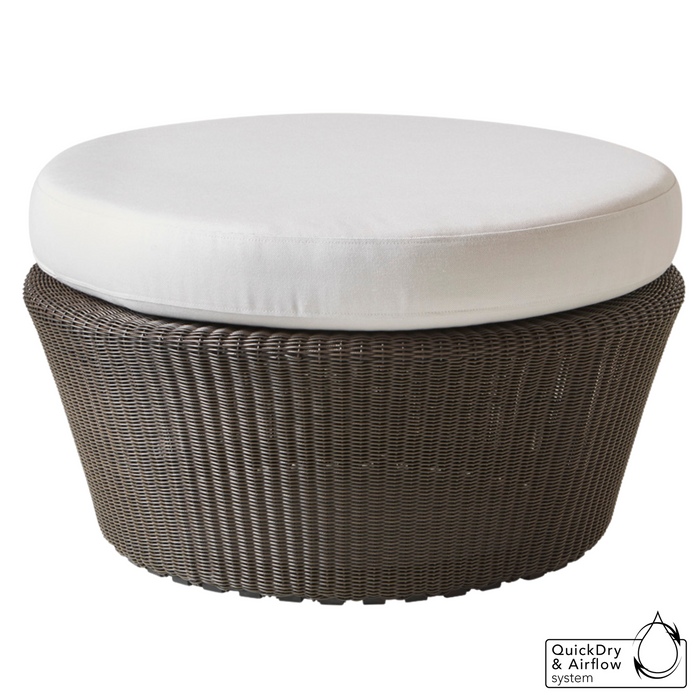 cane-line kingston large footstool in Mocca, Small Round Cane-line Weave footstool with White, Cane-line Natté cushion