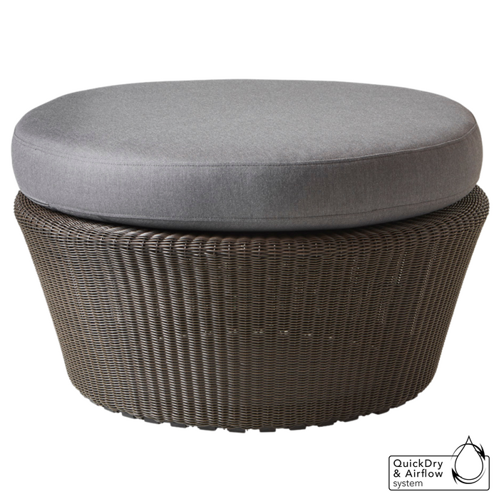 cane-line kingston large footstool in Mocca, Small Round Cane-line Weave footstool with Grey, Cane-line Natté cushion