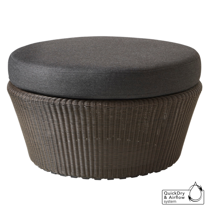 cane-line kingston large footstool in Mocca, Small Round Cane-line Weave footstool with Black, Cane-line Natté cushion