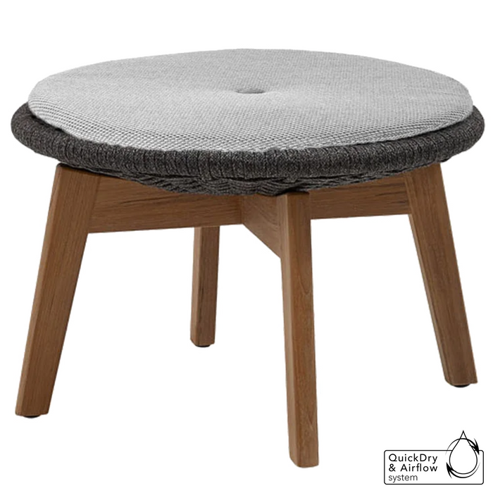 cane-line peacock side table footstool in Dark Grey, Medium Flat Cane-line Soft Rope w/Teak base with Light Grey, Cane-line Focus  cushion