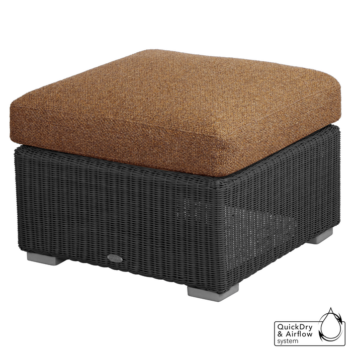 cane-line chester footstool coffee table in Graphite, Small Round Cane-line Weave footstool with Umber Brown, Cane-line Rise cushion