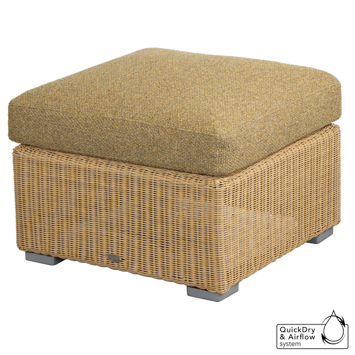 cane-line chester footstool coffee table in Natural, Small Round Cane-line Weave footstool with Umber Brown, Cane-line Rise cushion