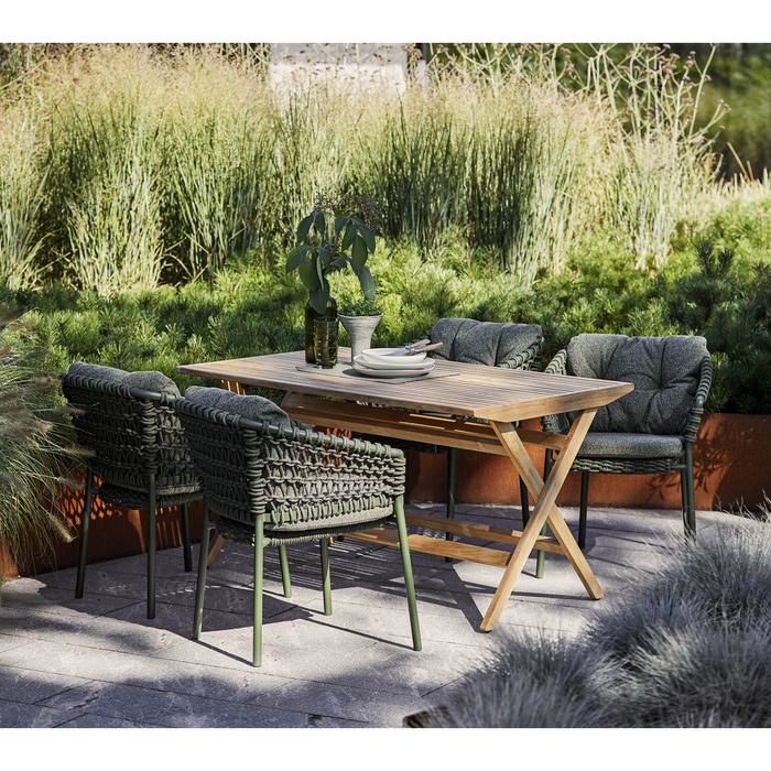 cane-line ocean chair Dark Green, Open Cane-line Soft Rope chair with Dark Grey, Cane-line Wove cushion in a patio with table lifestyle