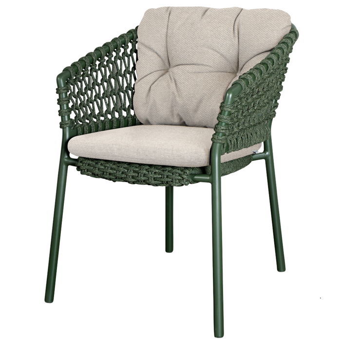 cane-line ocean chair Dark Green, Open Cane-line Soft Rope chair with Desert Sand, Cane-line Rise cushion