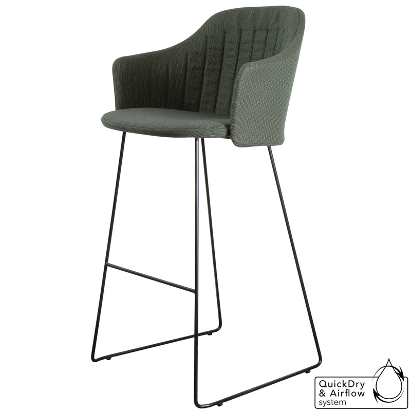 cane-line choice bar chair in Black, Polypropylene, Up to 98% Recycled chair, Black, Galvanized Steel w/4Legs base and Dark Green, Cane-line Link cushion