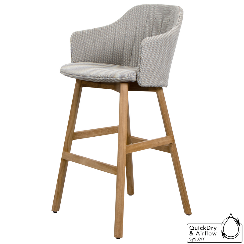 cane-line choice bar chair in Black, Polypropylene, Up to 98% Recycled chair, teak base and Light Grey, Cane-line Focus cushion