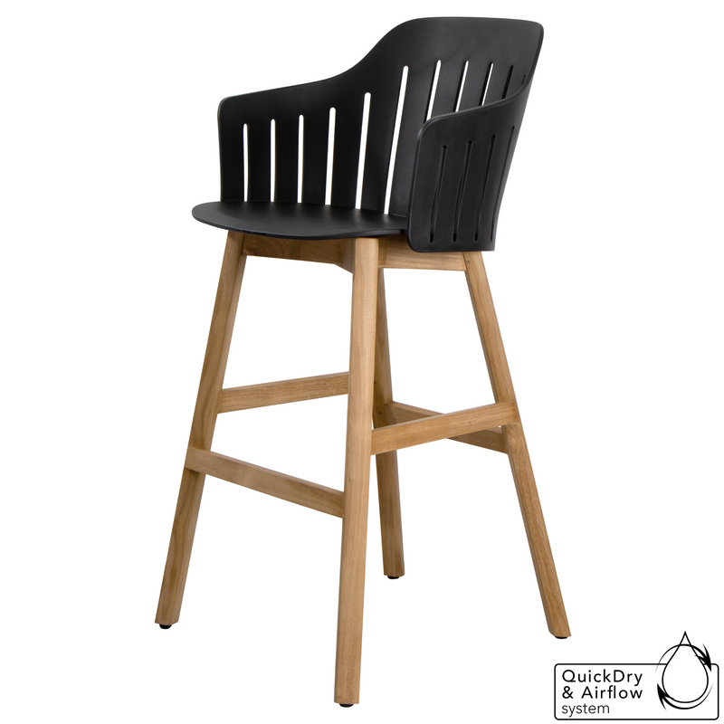 cane-line choice bar chair in Black, Polypropylene, Up to 98% Recycled chair, teak base and without cushion