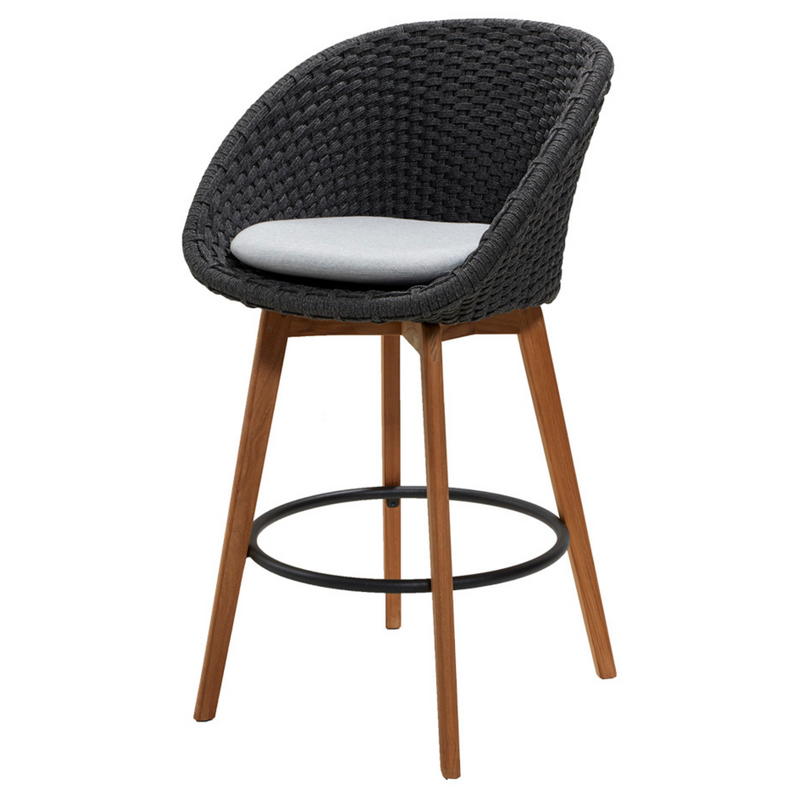 cane-line peacock bar chair in Dark Grey, Medium Flat Cane-line Soft Rope w/Teak chair with Light Grey, Cane-line Natté cushion