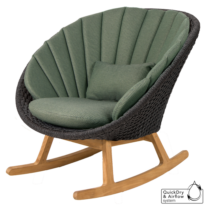 cane-line peacock rocking chair Dark Grey, Medium Flat Cane-line Soft Rope with Teak and Dark Green, Cane-line Link cushion