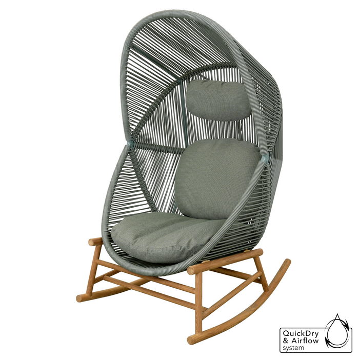 cane-line hive rocking chair Teak base, Dusty Green, Small Round Tube Cane-line Weave chair and Light Green, Cane-line Link cushion