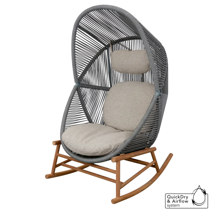 cane-line hive rocking chair Teak base, Dusty Green, Small Round Tube Cane-line Weave chair and Light Brown, Cane-line Rise cushion