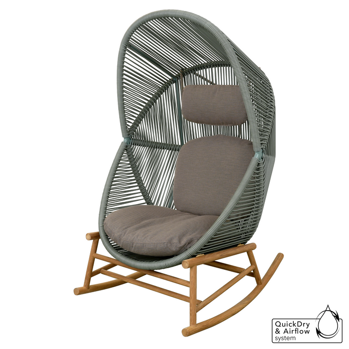 cane-line hive rocking chair Teak base, Dusty Green, Small Round Tube Cane-line Weave chair and Taupe, Cane-line AirTouch cushion