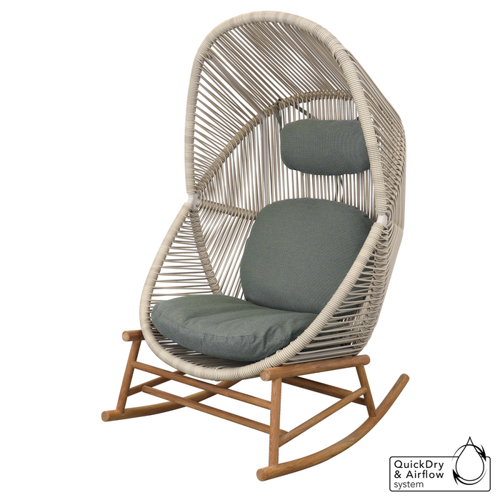 cane-line hive rocking chair Teak base, Sand, Small Round Tube Cane-line Weave chair and Light Green, Cane-line Link cushion