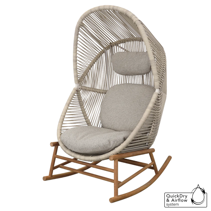 cane-line hive rocking chair Teak base, Sand, Small Round Tube Cane-line Weave chair and Light Brown, Cane-line Rise cushion