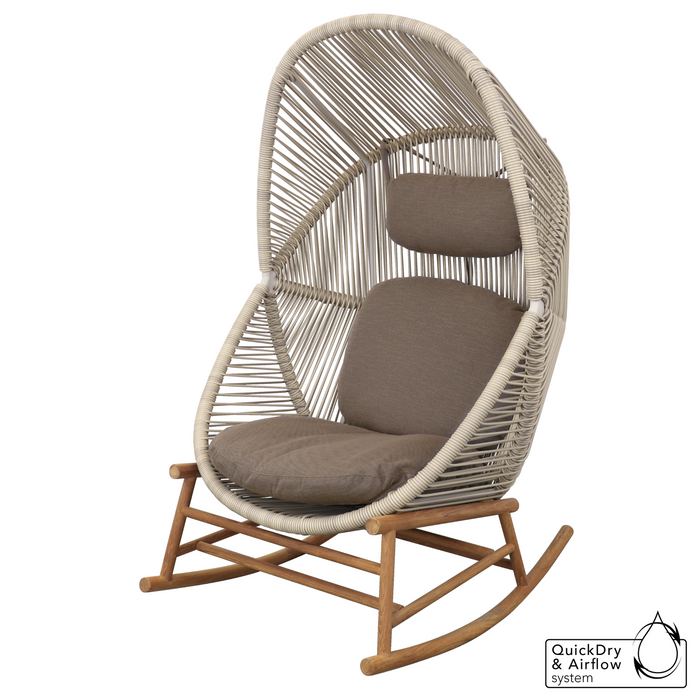 cane-line hive rocking chair Teak base, Sand, Small Round Tube Cane-line Weave chair and Taupe, Cane-line AirTouch cushion