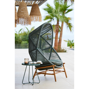 cane line hive chair Dusty green, small round tube Cane-line Weave with teak base and Light green, Cane-line Link cushion in a patio lifestyle