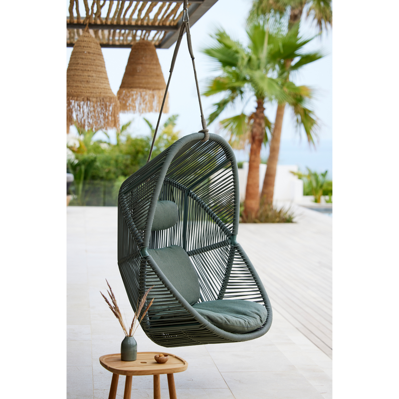 cane line hive chair Dusty green, small round tube Cane-line Weave with Taupe, string Cane-line Soft Rope and Light green, Cane-line Link cushion in a patio lifestyle