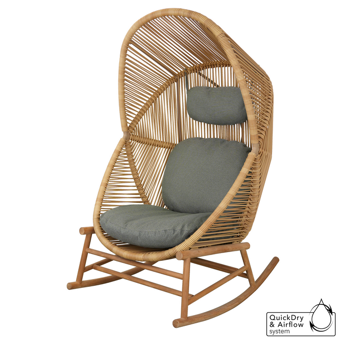 cane-line hive rocking chair Teak base, Natural, Small Round Tube Cane-line Weave chair and Light Green, Cane-line Link cushion