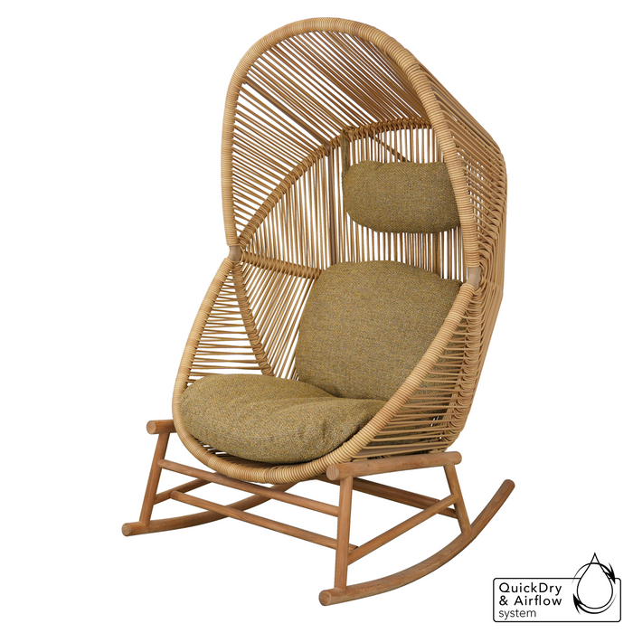 cane-line hive rocking chair Teak base, Natural, Small Round Tube Cane-line Weave chair and Turmeric Yellow, Cane-line Rise cushion