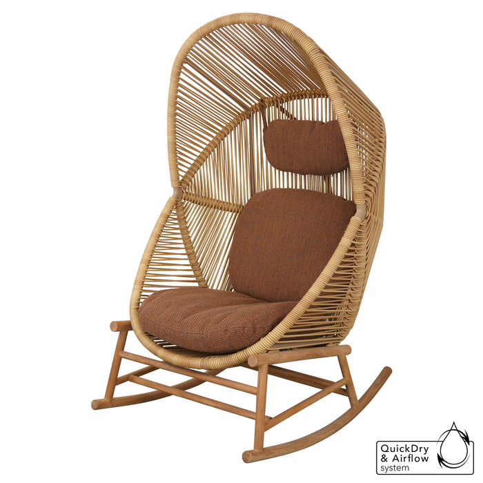 cane-line hive rocking chair Teak base, Natural, Small Round Tube Cane-line Weave chair and Umber Brown, Cane-line Rise cushion