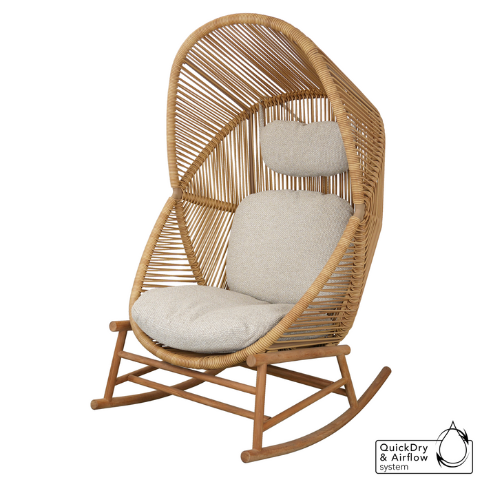 cane-line hive rocking chair Teak base, Natural, Small Round Tube Cane-line Weave chair and Desert Sand, Cane-line Rise cushion