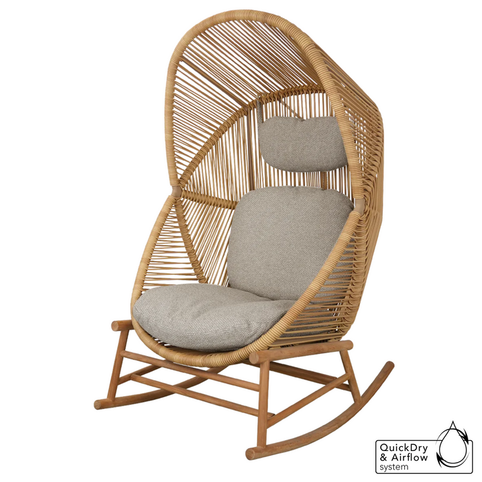 cane-line hive rocking chair Teak base, Natural, Small Round Tube Cane-line Weave chair and Light Brown, Cane-line Rise cushion