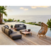 cane-line capture 2-seater sofa left module taupe, cane-line airtouch sofa in a patio with pool and outdoor furniture and hive chair lifestyle