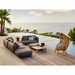 cane-line capture 2-seater sofa right module taupe, cane-line airtouch sofa in a patio with pool and outdoor furniture and hive chair lifestyle