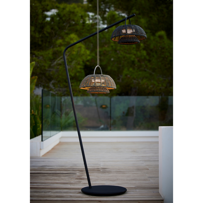 cane-line illusion lamp hanging illusion lamp with stand taupe soft rope without base and dark grey soft rope with lava grey base lit in a patio lifestyle