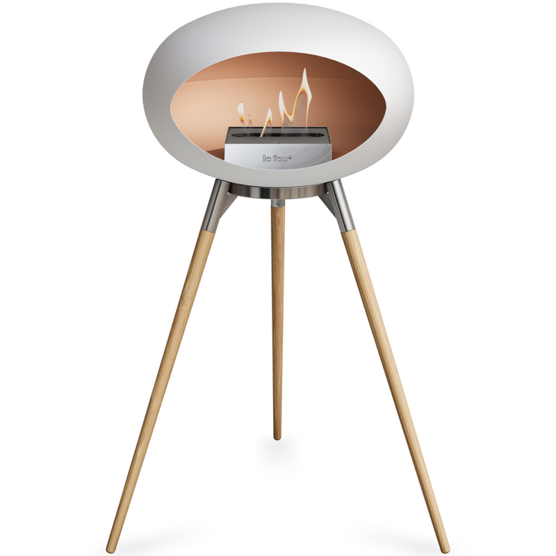 Le Feu White Dome Bioethanol Fireplace ground high polished steel bowl, soaptreated legs and steel burner