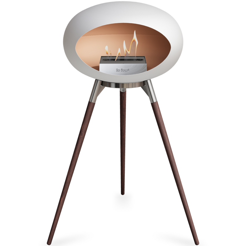 Le Feu White Dome Bioethanol Fireplace ground high polished steel bowl, smoked legs and steel burner