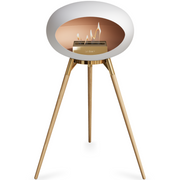 Le Feu White Dome Bioethanol Fireplace ground high rose gold bowl, soaptreated legs and rose gold burner
