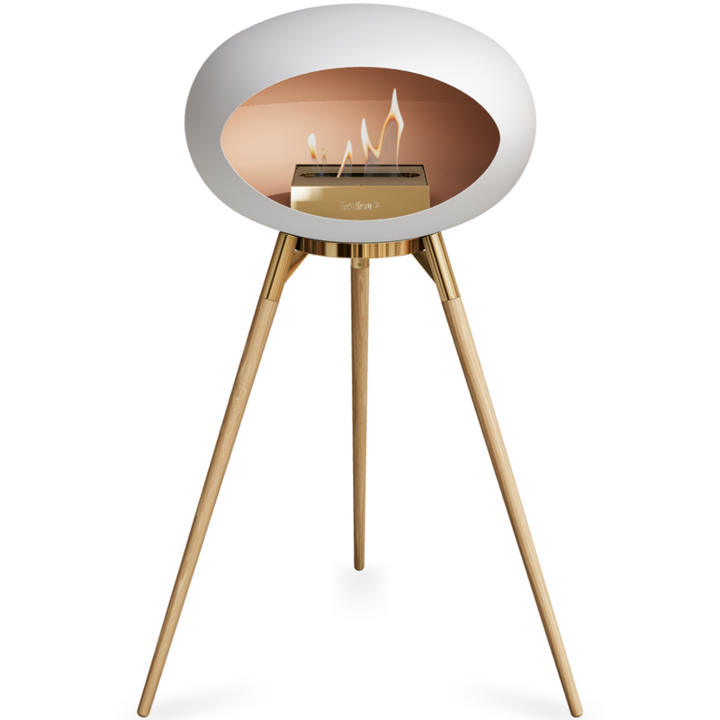 Le Feu White Dome Bioethanol Fireplace ground high rose gold bowl, soaptreated legs and rose gold burner