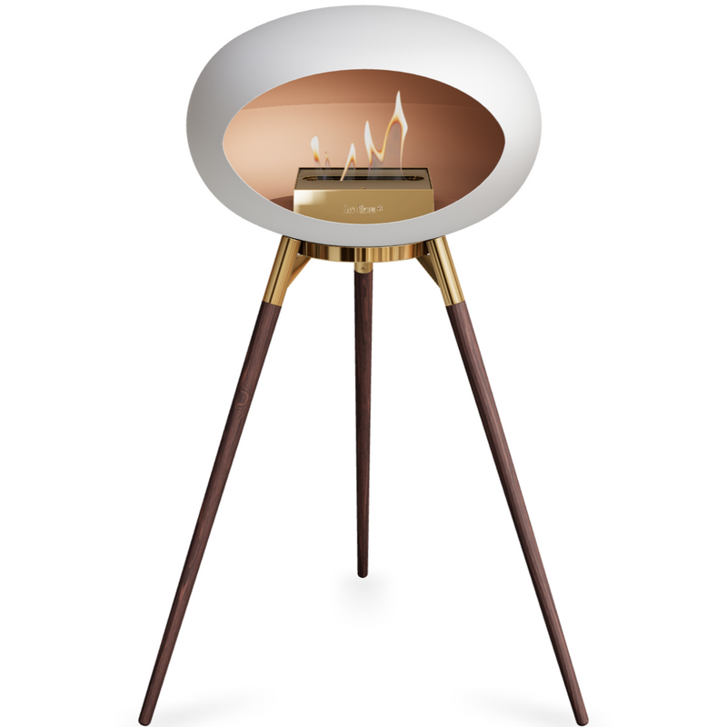 Le Feu White Dome Bioethanol Fireplace ground high rose gold bowl, smoked legs and rose gold burner