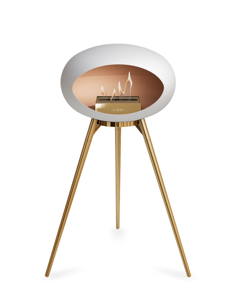 Le Feu White Dome Bioethanol Fireplace ground high rose gold bowl, rose gold legs and rose gold burner