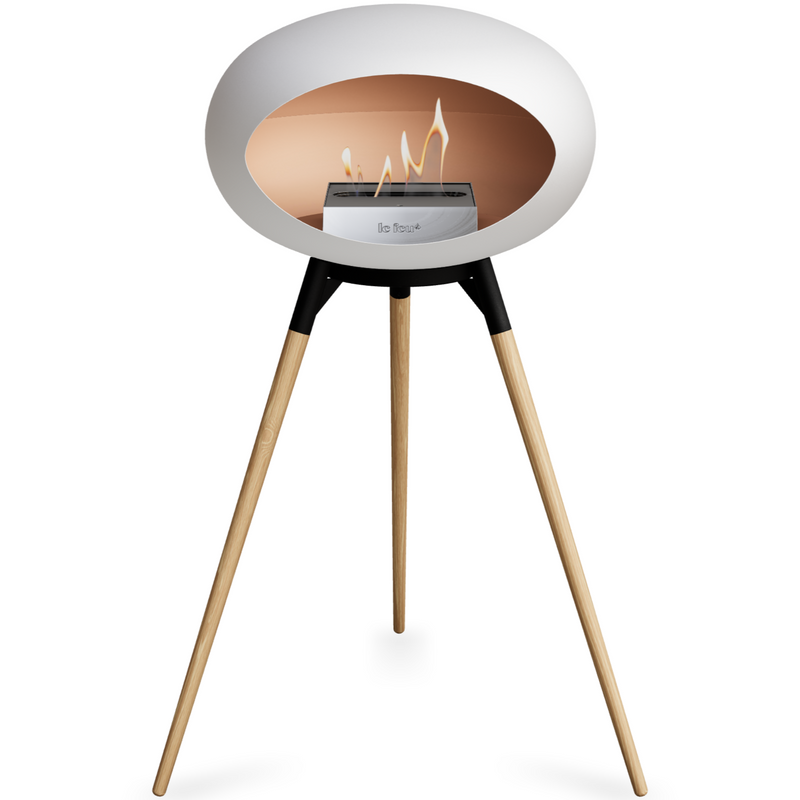 Le Feu White Dome Bioethanol Fireplace ground high black bowl, soaptreated legs and steel burner