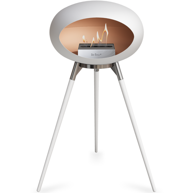 Le Feu White Dome Bioethanol Fireplace ground high polished steel bowl, white legs and steel burner