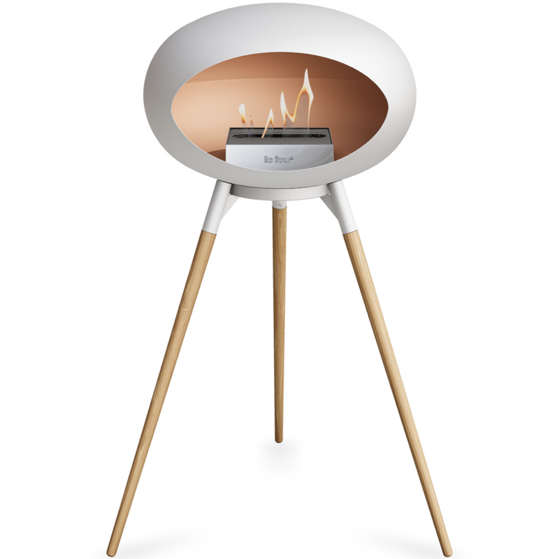 Le Feu White Dome Bioethanol Fireplace ground high white bowl, soaptreated legs and steel burner