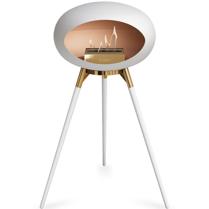 Le Feu White Dome Bioethanol Fireplace ground high rose gold bowl, white legs and rose gold burner