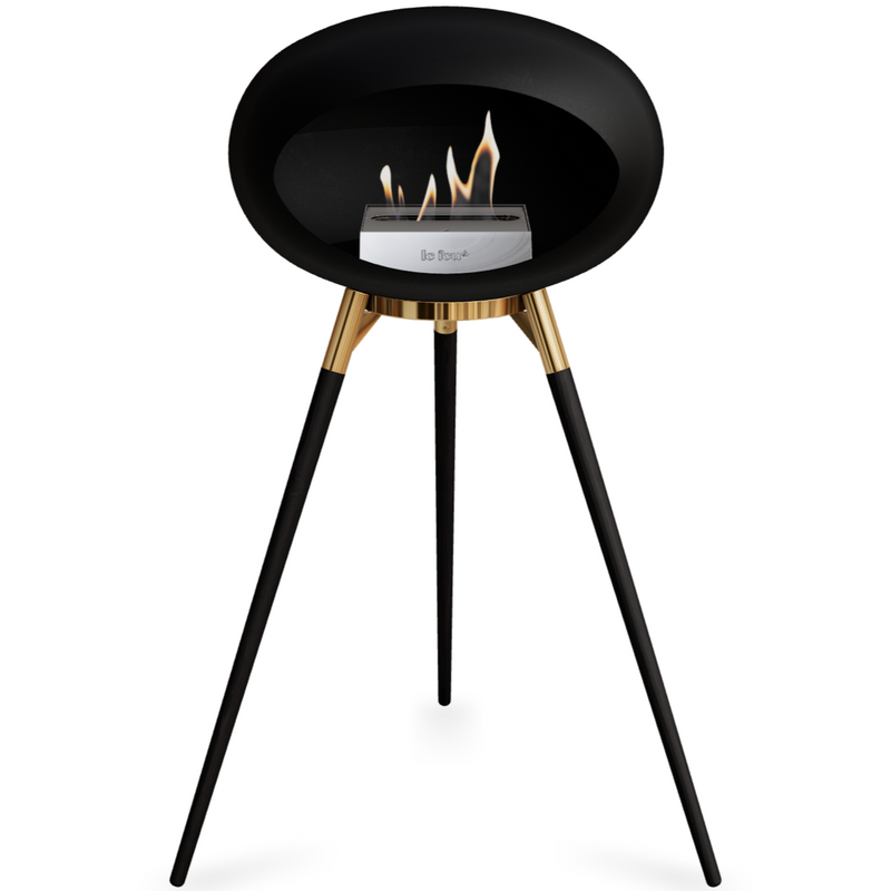 Le Feu Black Dome Bioethanol Fireplace ground high rose gold bowl, black legs and steel burner