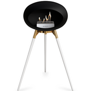 Le Feu Black Dome Bioethanol Fireplace ground high rose gold bowl, white legs and steel burner