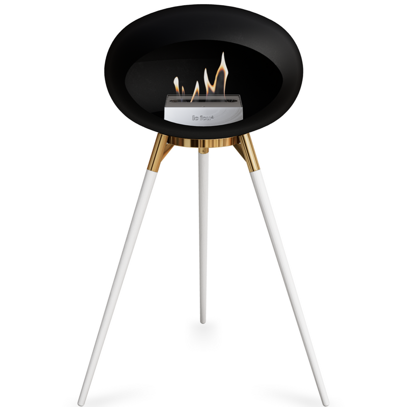 Le Feu Black Dome Bioethanol Fireplace ground high rose gold bowl, white legs and steel burner